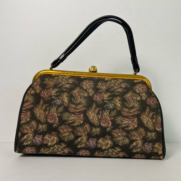 Vintage 50s Dover USA Kiss Lock Floral Tapestry Grannycore Structured Purse Bag - Picture 2 of 16